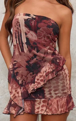 Brown Abstract Print Bandeau Frill Hem Mini Dress