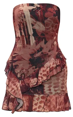 Brown Abstract Print Bandeau Frill Hem Mini Dress