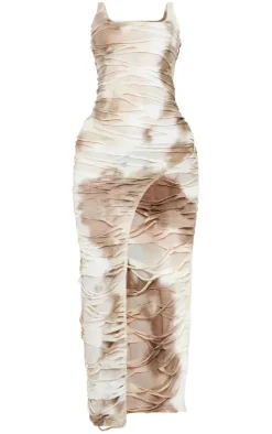 Brown Abstract Print Distressed Bodycon Slit Midaxi Dress