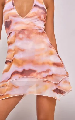 Brown Abstract Print Mesh Halterneck Tiered Shift Dress