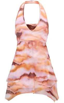 Brown Abstract Print Mesh Halterneck Tiered Shift Dress