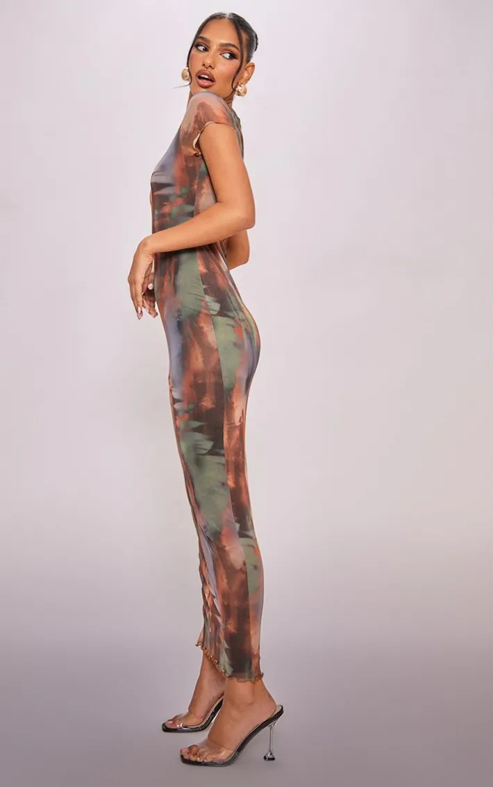 Brown Abstract Print Mesh Lettuce Hem Maxi Dress