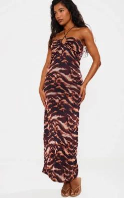 Brown Abstract Print Mesh Halterneck Maxi Dress