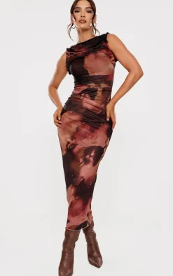 Brown Abstract Print Mesh Racer Neck Maxi Dress