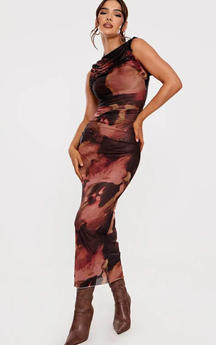 Brown Abstract Print Mesh Racer Neck Maxi Dress