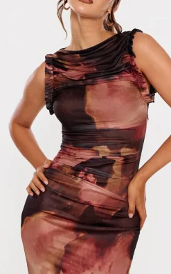 Brown Abstract Print Mesh Racer Neck Maxi Dress