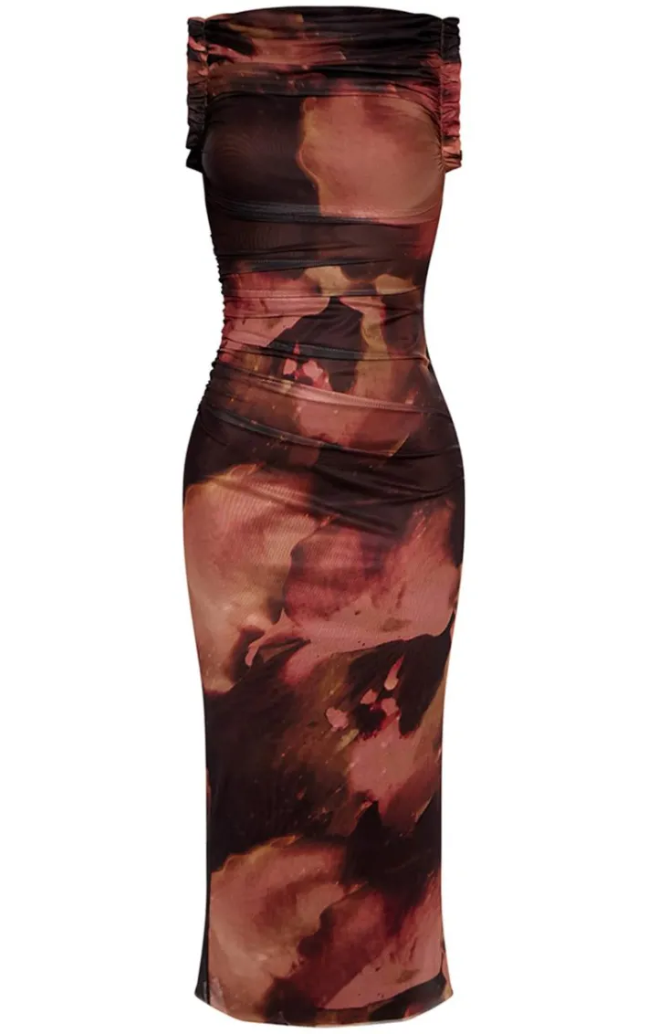 Brown Abstract Print Mesh Racer Neck Maxi Dress