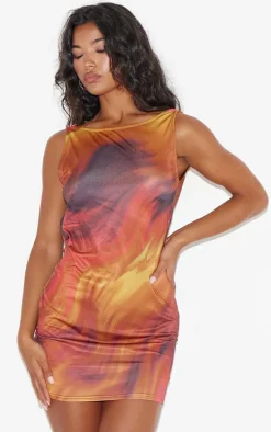 Brown Abstract Print Racer Neck Cowl Back Mini Dress