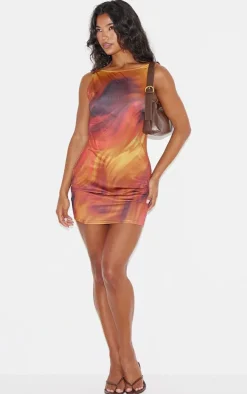 Brown Abstract Print Racer Neck Cowl Back Mini Dress