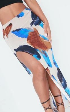 Brown Abstract Printed Burnout Mesh Split Thigh Maxi Skirt