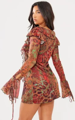 Brown Abstract Printed Double Mesh Long Sleeve Shift Dress