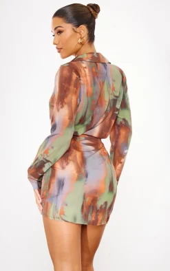 Brown Abstract Printed Long Sleeve Shirt Dress