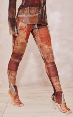 Brown Abstract Printed Mesh Leggings