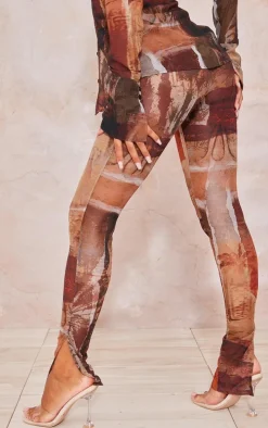 Brown Abstract Printed Mesh Leggings