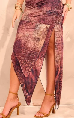 Brown Abstract Printed Slinky Halterneck Cut Out Maxi Dress
