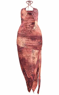 Brown Abstract Printed Slinky Halterneck Cut Out Maxi Dress