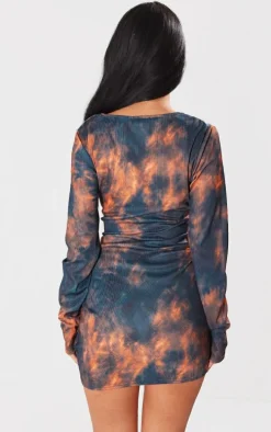 Brown Abstract Rib Corset Seam Square Neck Mini Bodycon Dress