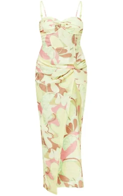 Brown Abstract Ruched Bust Knot Drape Detail Maxi Dress