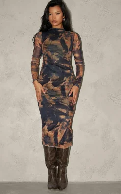Brown Abstract Ruched Mesh Long Sleeve Midi Dress