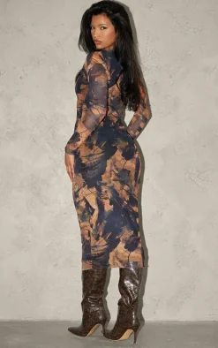 Brown Abstract Ruched Mesh Long Sleeve Midi Dress
