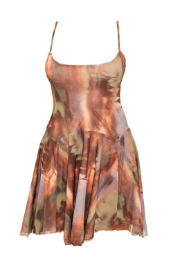 Brown Abstract Strappy Frill Shift Dress