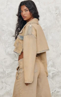 Brown Acid Wash Cropped Denim Trench Coat