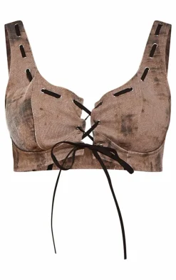 Brown Acid Wash Denim Lace Up Bralet