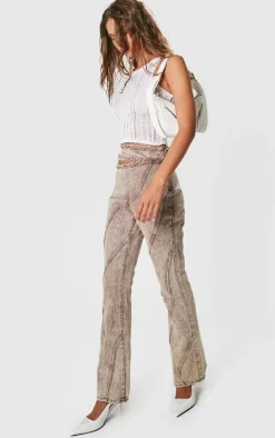 Brown Acid Wash Frayed Edge Cut Out Asymmetric Flared Denim Jeans