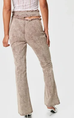 Brown Acid Wash Frayed Edge Cut Out Asymmetric Flared Denim Jeans