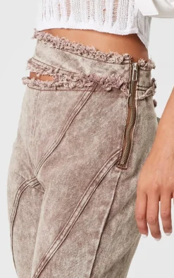 Brown Acid Wash Frayed Edge Cut Out Asymmetric Flared Denim Jeans