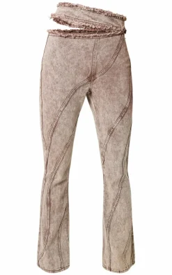 Brown Acid Wash Frayed Edge Cut Out Asymmetric Flared Denim Jeans