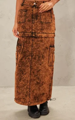 Brown Acid Wash Heavy Twill Cargo Maxi Skirt With Separating Zip