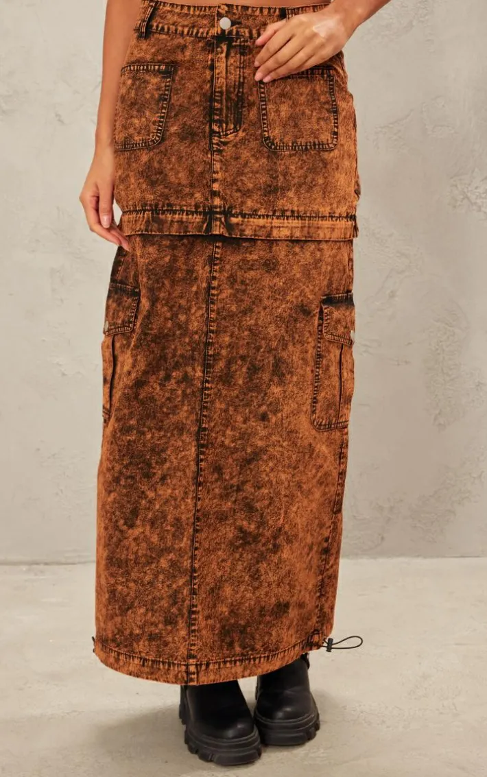Brown Acid Wash Heavy Twill Cargo Maxi Skirt With Separating Zip