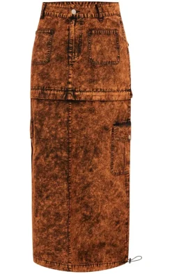 Brown Acid Wash Heavy Twill Cargo Maxi Skirt With Separating Zip