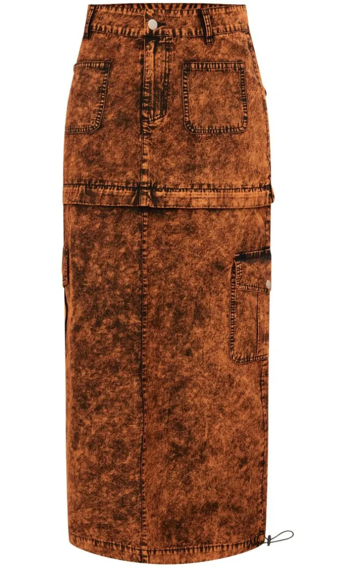 Brown Acid Wash Heavy Twill Cargo Maxi Skirt With Separating Zip