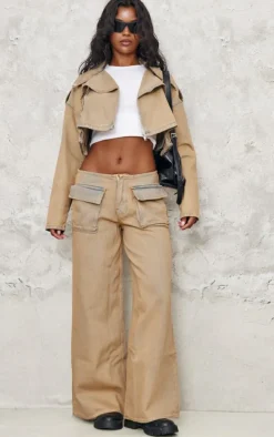 Brown Acid Wash Pocket Detail Frayed Hem Wide Leg Jean