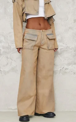 Brown Acid Wash Pocket Detail Frayed Hem Wide Leg Jean