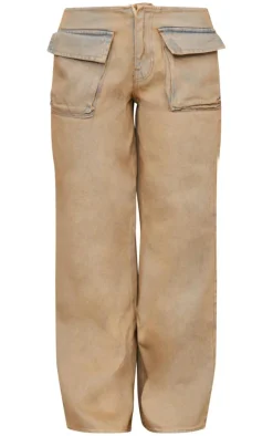 Brown Acid Wash Pocket Detail Frayed Hem Wide Leg Jean