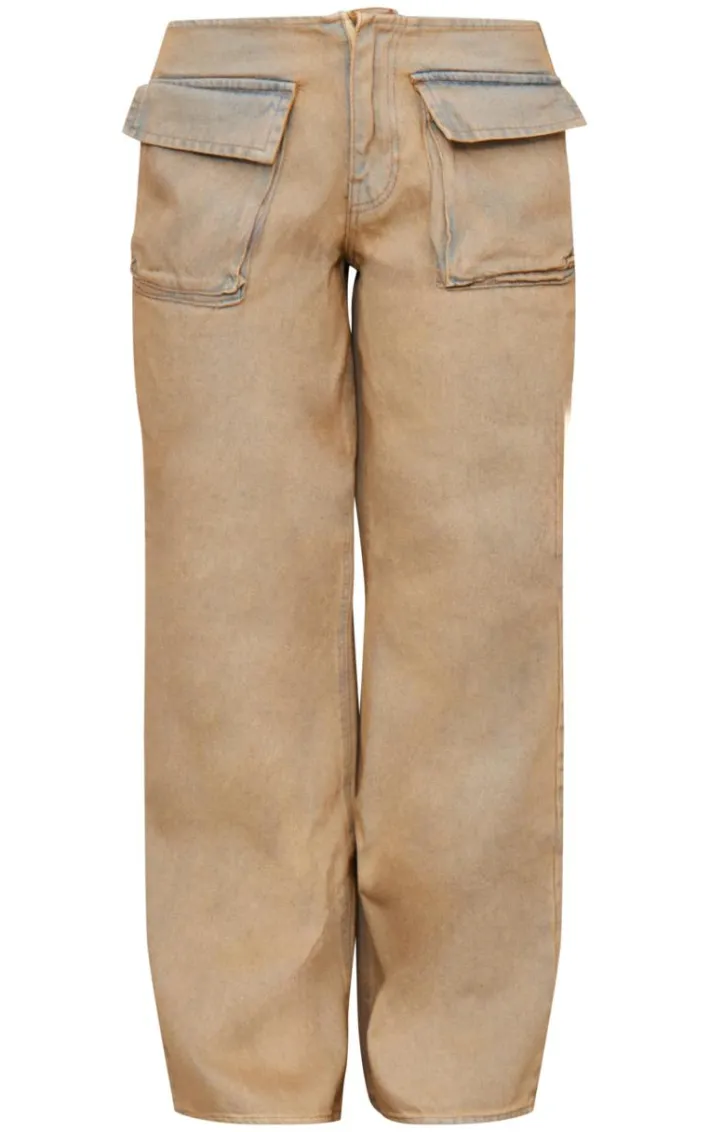 Brown Acid Wash Pocket Detail Frayed Hem Wide Leg Jean
