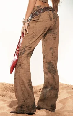 Brown Acid Wash Studded Detail Flare Jeans