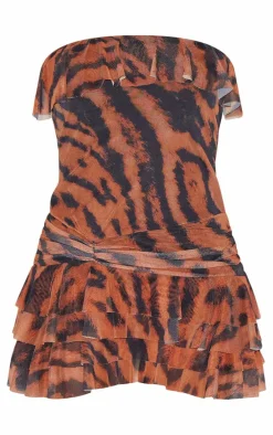 Brown Animal Print Bandeau Frill Hem Mini Dress