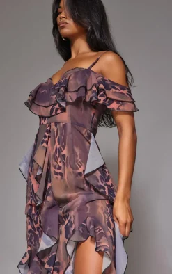 Brown Animal Print Cold Shoulder Ruffle Detail Maxi Dress