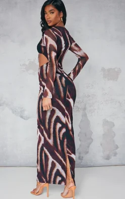 Brown Animal Print Mesh Cup Detail Long Sleeve Maxi Dress