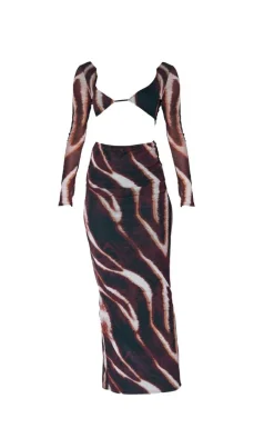 Brown Animal Print Mesh Cup Detail Long Sleeve Maxi Dress