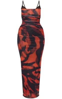 Brown Animal Print Mesh Cowl Neck Lace Cup Detail Maxi Dress