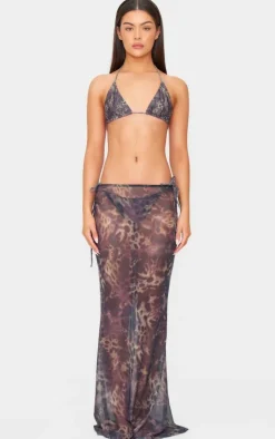 Brown Animal Print Mesh Fishtail Maxi Skirt