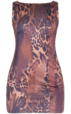 Brown Animal Print Racer Neck Cowl Back Mini Dress