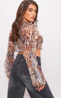 Brown Animal Printed Mesh Tiered Tie Front Top