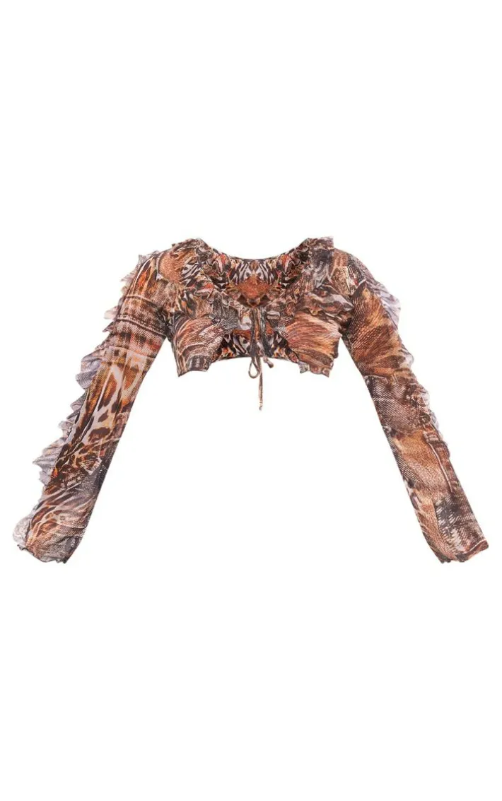 Brown Animal Printed Mesh Tiered Tie Front Top