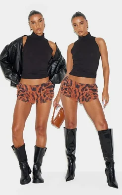 Brown Animal Printed Mesh Frilly Low Rise Bloomer Shorts